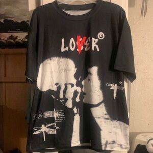 Black Graphic polyester Tee with White and Red Design